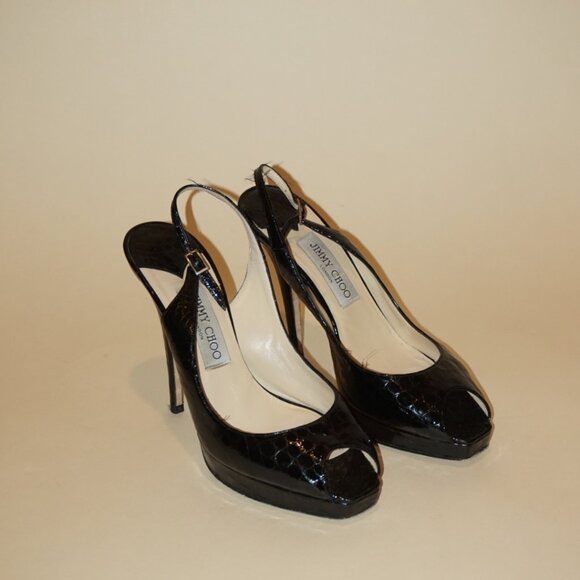 "Jimmy Choo" Croc Embossed Leather Peep Toe Slingback Heels - Size 39.5 - Picture 1 of 10